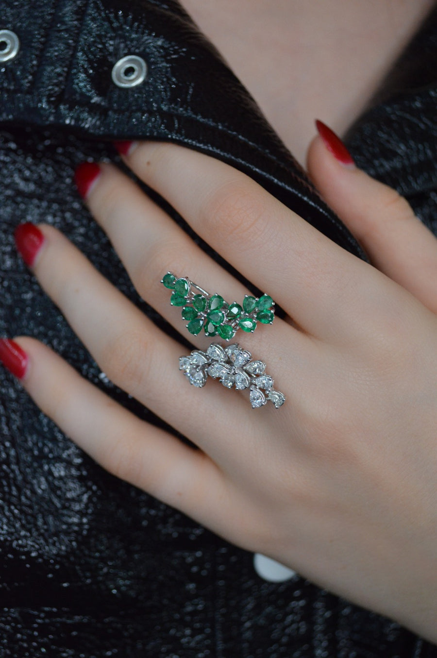3.42ct Diamond Emerald 18K Gold Bypass Ring