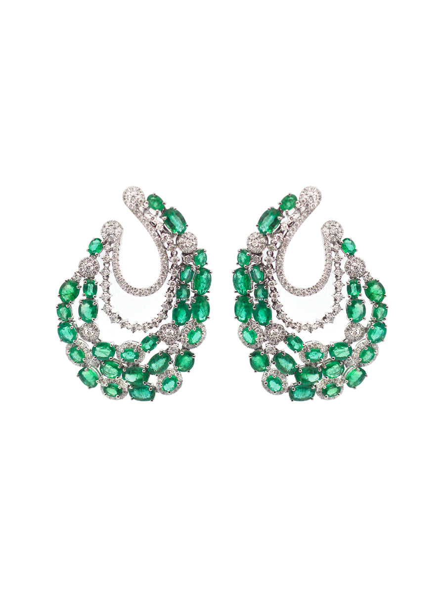 16.1cts Emerald Diamond 18K Gold Cluster Statement Earrings
