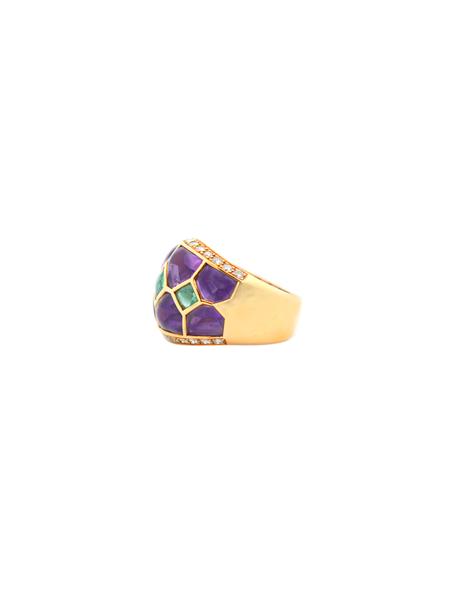 8.84cts Diamond Emerald Amethyst 18K Gold Cabochon Set Ring