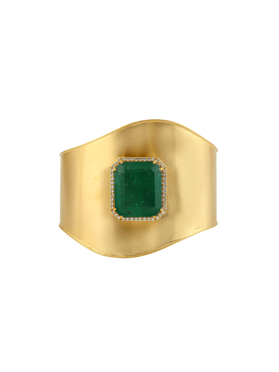 29.61cts Diamond Emerald 18K Gold Wide Cuff Bracelet