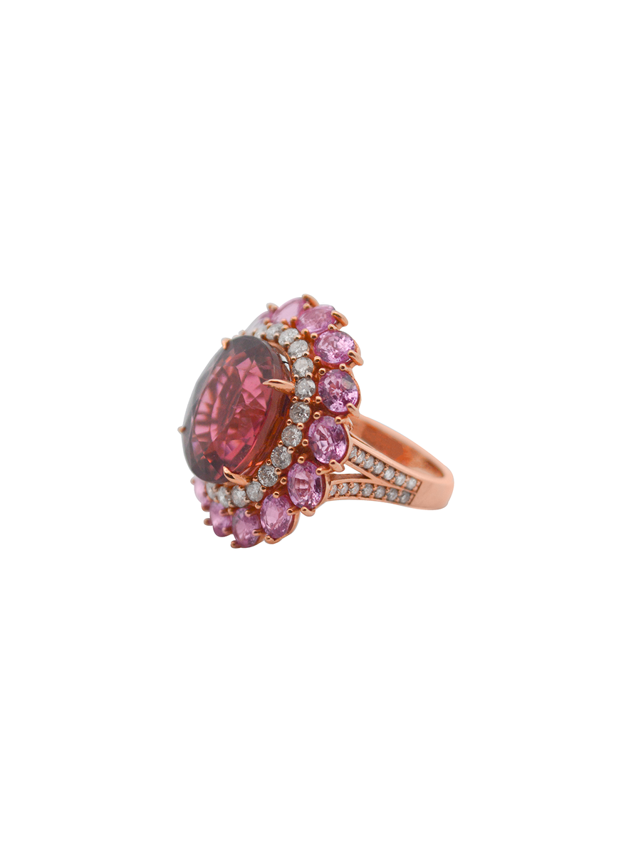 18.11cts Diamond Pink Tourmaline Pink Sapphire 18K Gold Halo Ring