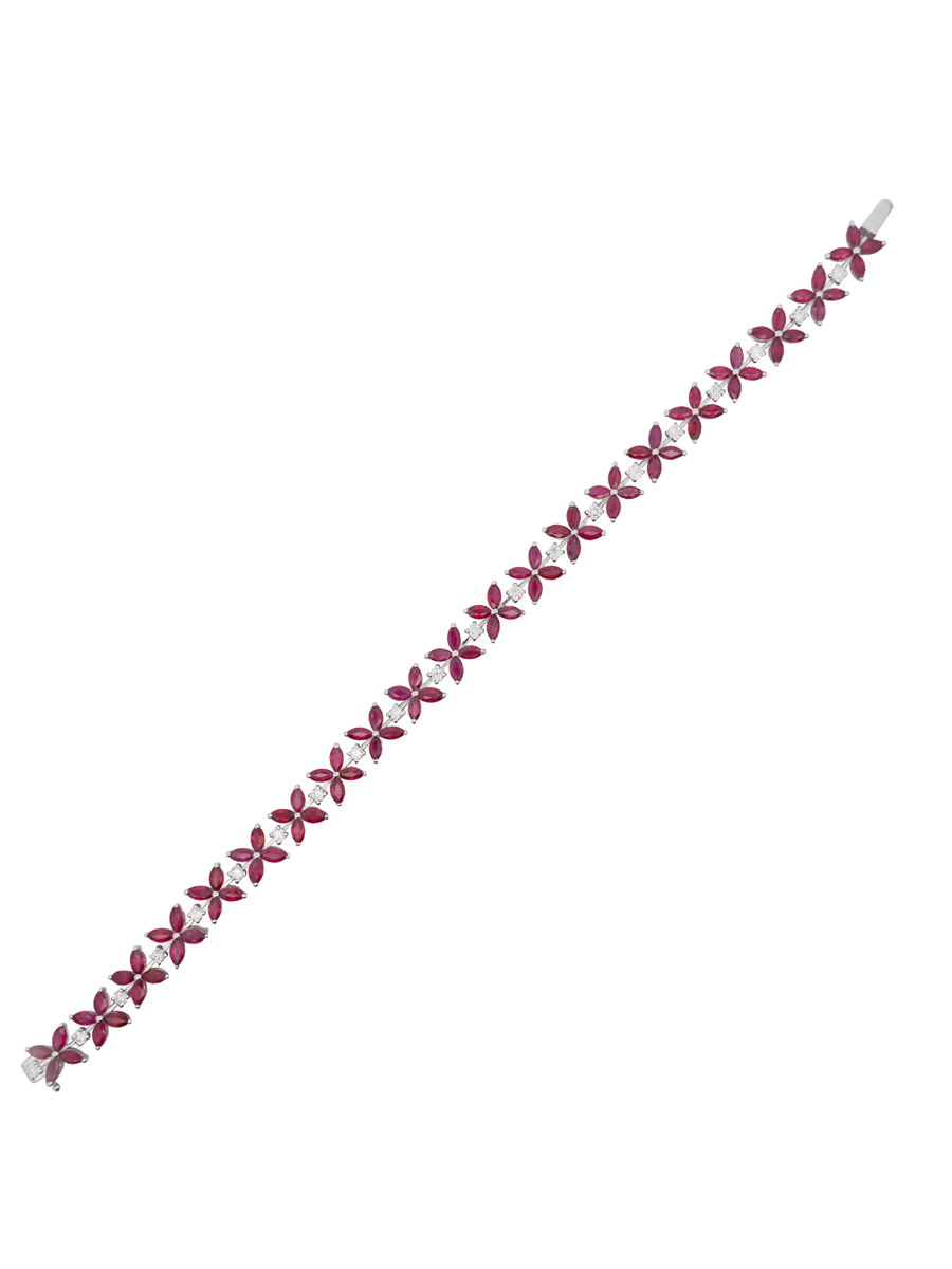 9.25cts Diamond Ruby 18K Gold Floral Tennis Bracelet