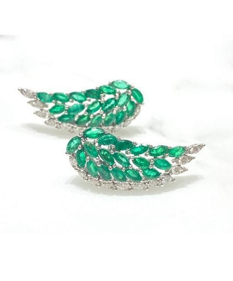 2.60cts Diamond Emerald 18K Gold Wing Climber Earrings