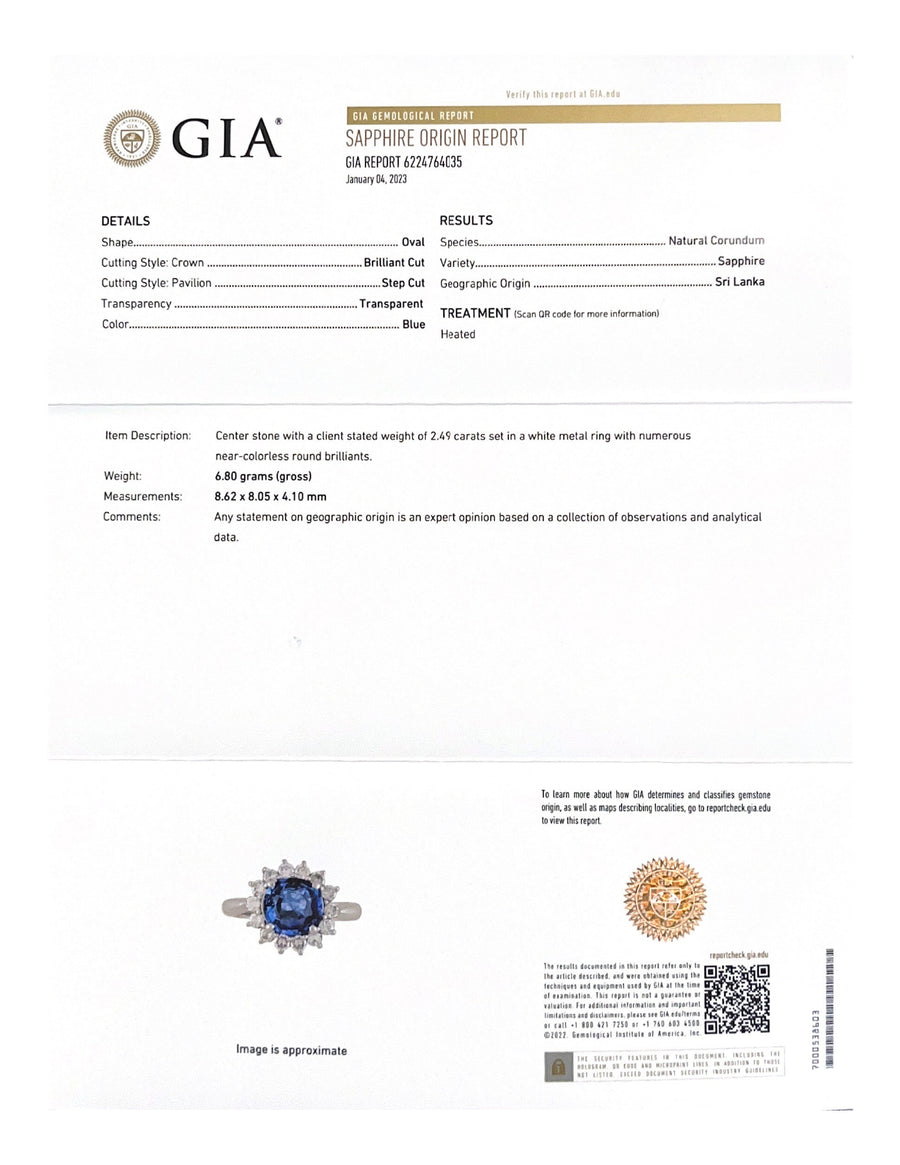 GIA 3.18cts Diamond Sri Lanka Sapphire Platinum Halo Ring