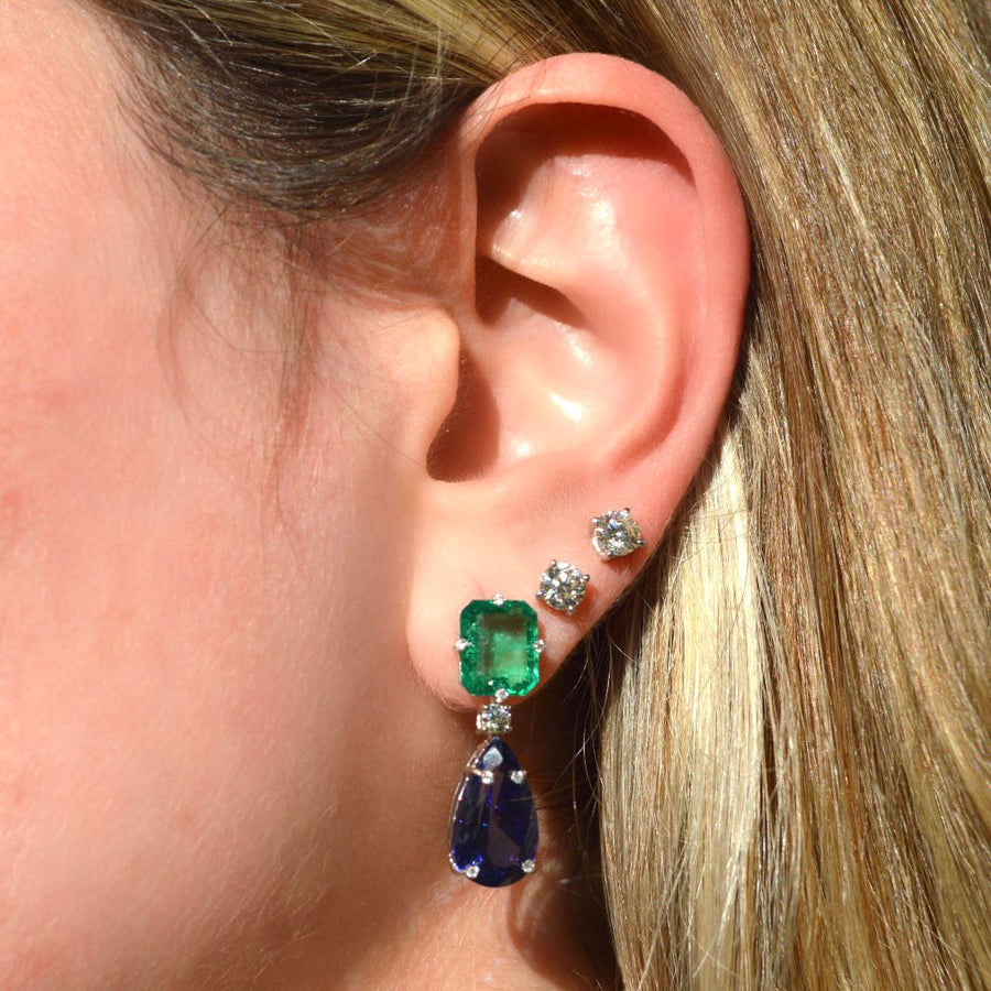 15.18cts Emerald Diamond Tanzanite 18K Gold Dangle Drop Earrings
