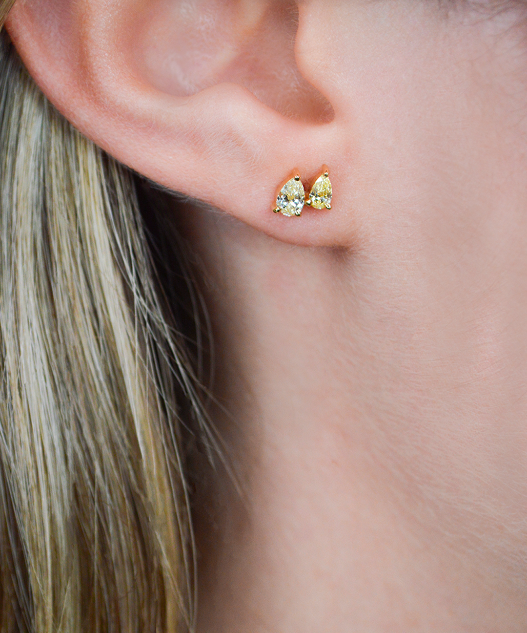 0.64ct Fancy Yellow Diamond 18K Gold Double Pear Cut Stud Earrings