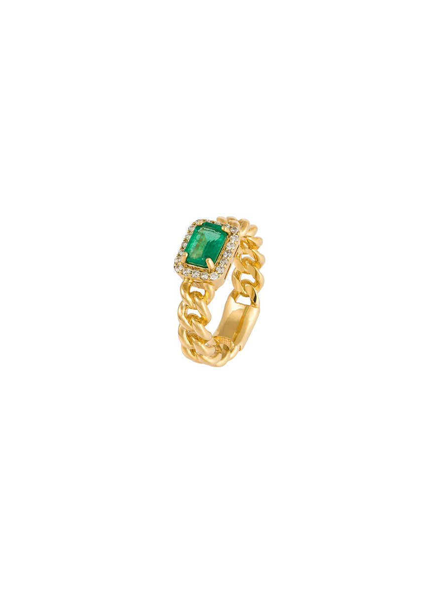 1.26ct Diamond Emerald 18K Gold Cuban Chain Ring
