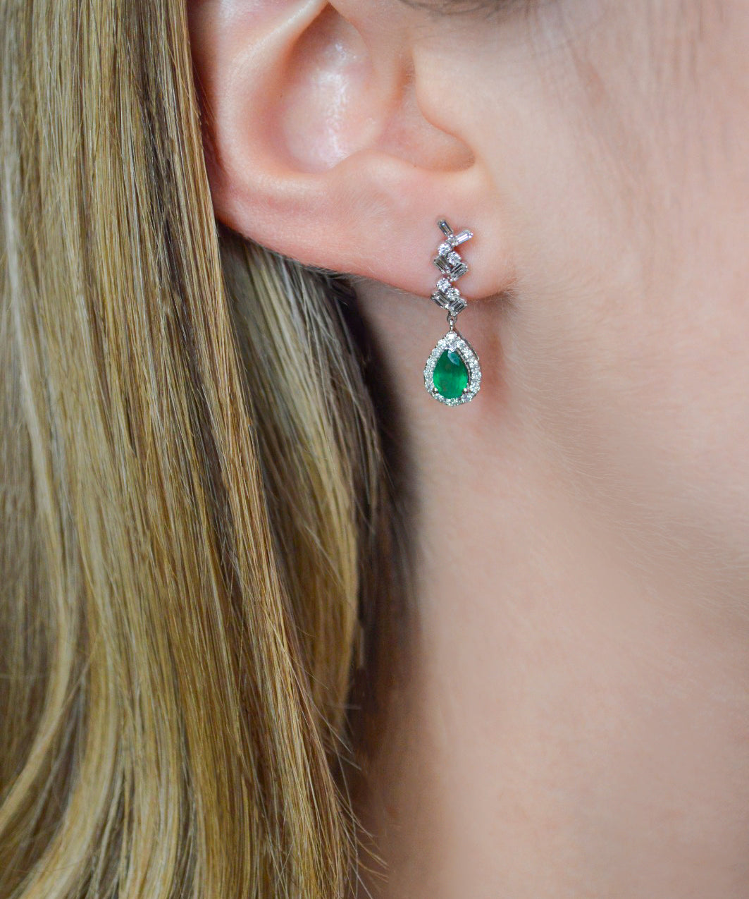 1.13ct Diamond Emerald 14K Gold Dangle Drop Earrings