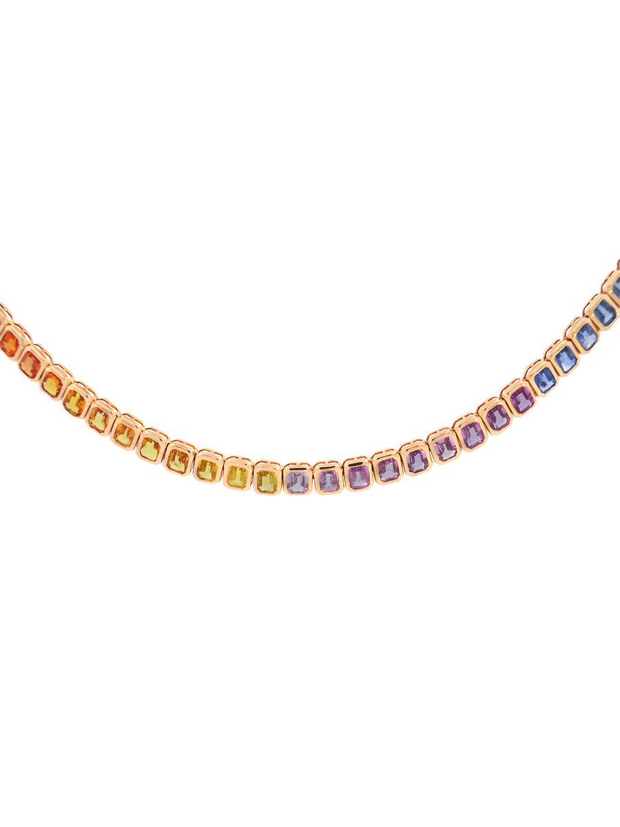 20.31ct Multi Color Sapphire 14K Gold Emerald Cut Half Necklace