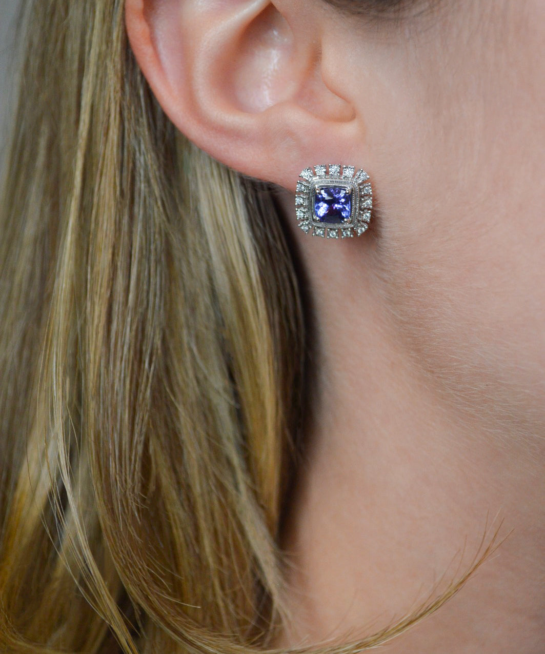 1.49ct Diamond Tanzanite 14K Gold Square Halo Earrings