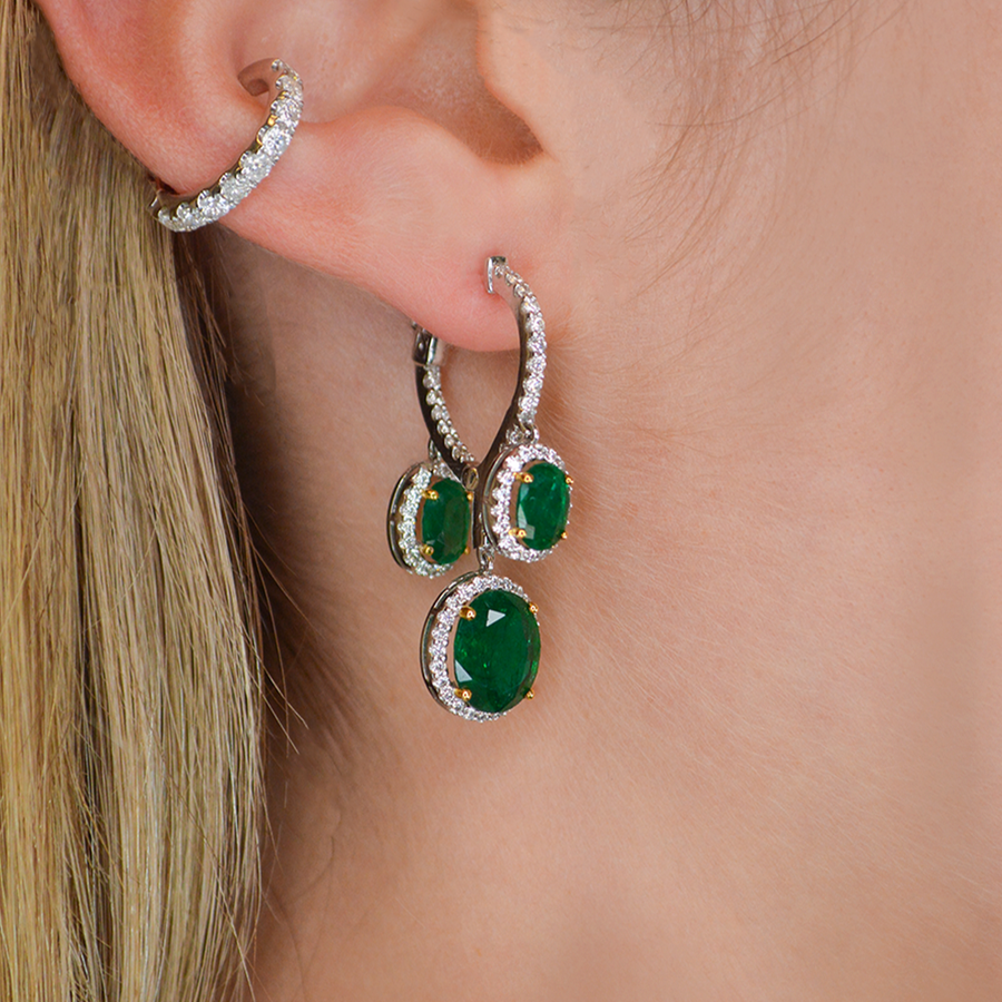 8.65cts Emerald Diamond 14K Gold Dangle Earrings