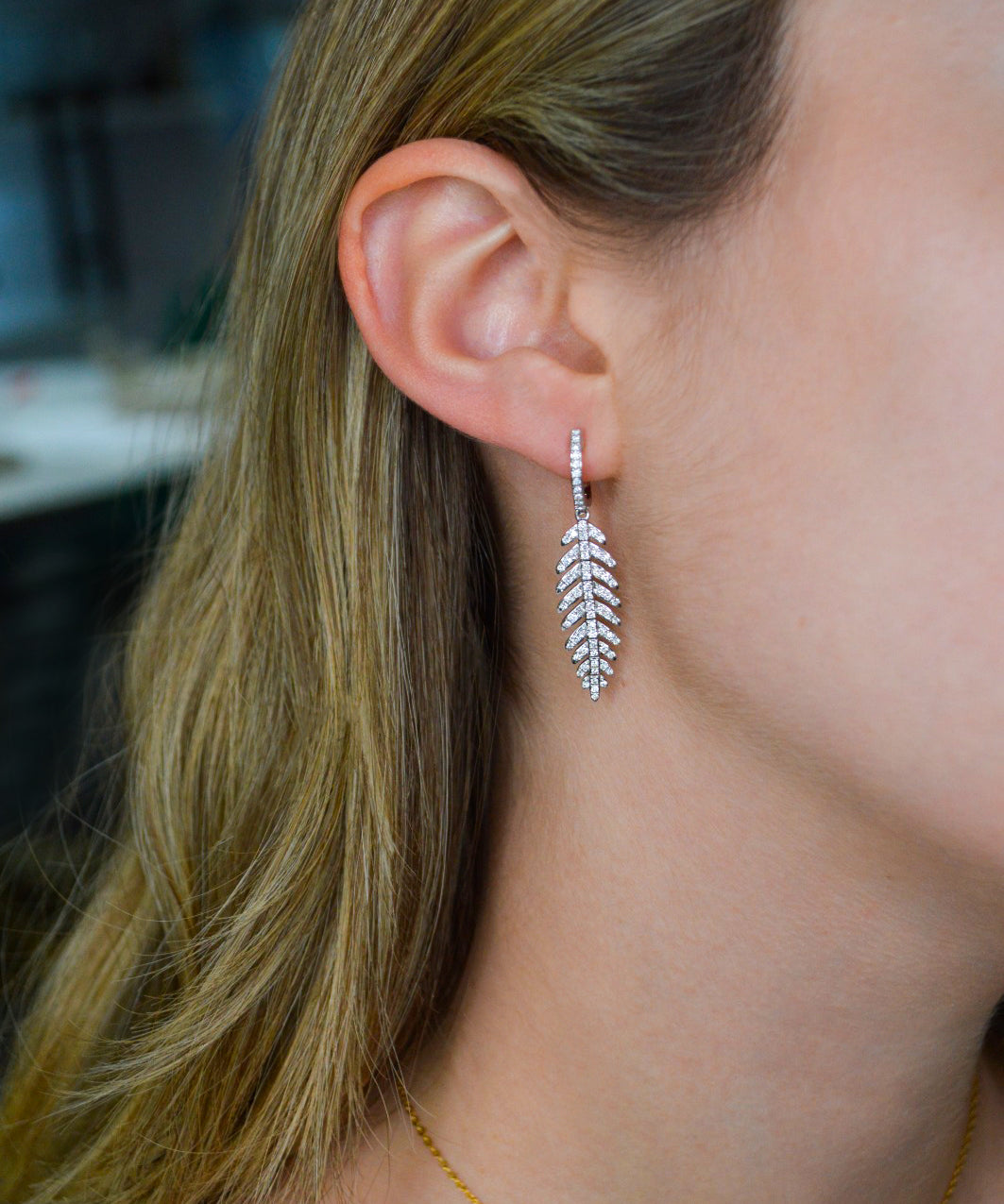 0.89ct Diamond 14K Gold Pave Leaf Dangle Drop Earrings