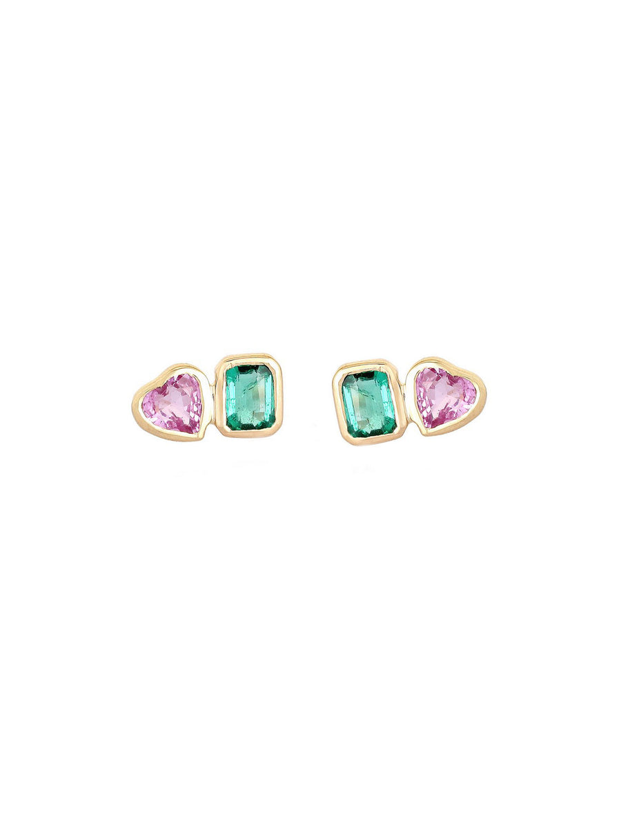 0.75ct Emerald Pink Sapphire 14K Gold Double Dainty Earrings
