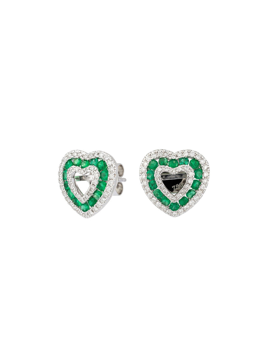1.18ct Diamond Emerald 18K Gold Open Heart Stud Earrings