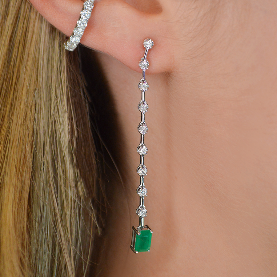 1.38ct Diamond Emerald 18K Gold Dangle Drop Earrings