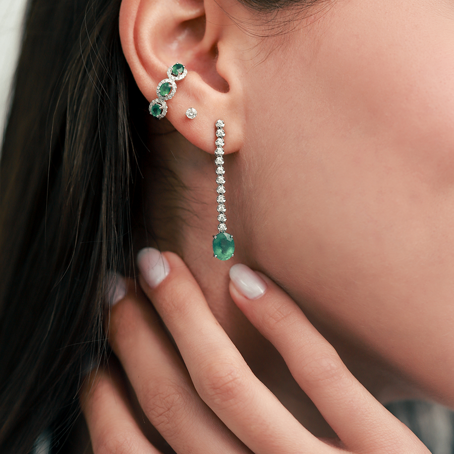 2.43cts Diamond Emerald 18K Gold Drop Earrings