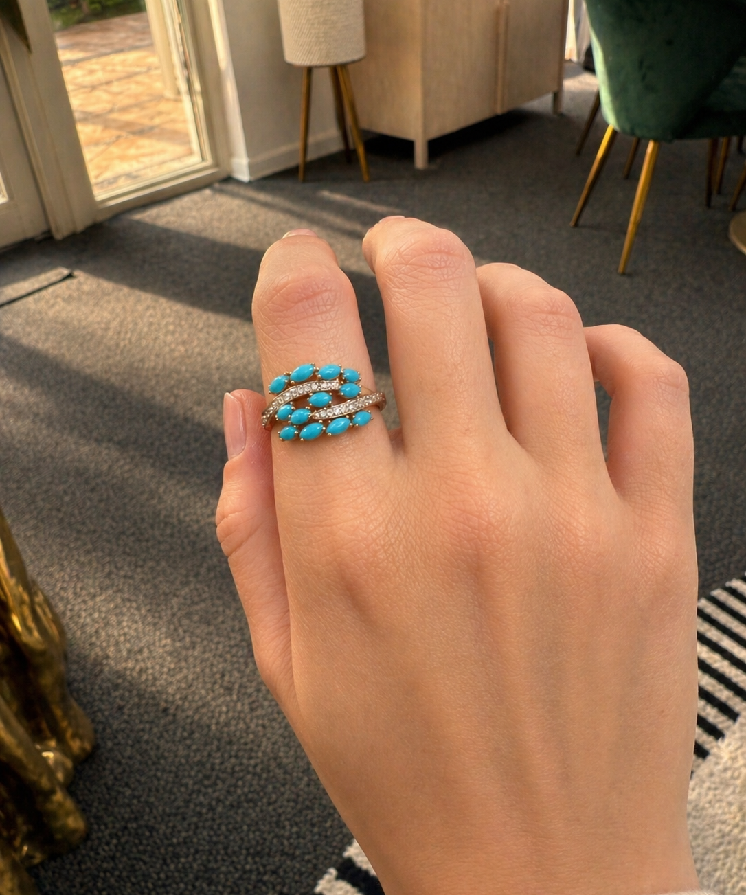 2.80ct Turquoise Diamond 14K Gold Leaf Bypass Ring