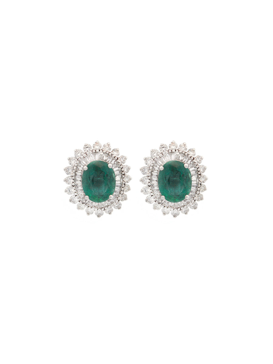 6.86cts Diamond Emerald 18K Gold Large Halo Stud Earrings