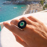 18.65ct Diamond Emerald Onyx 18K Gold Flower Cocktail Ring