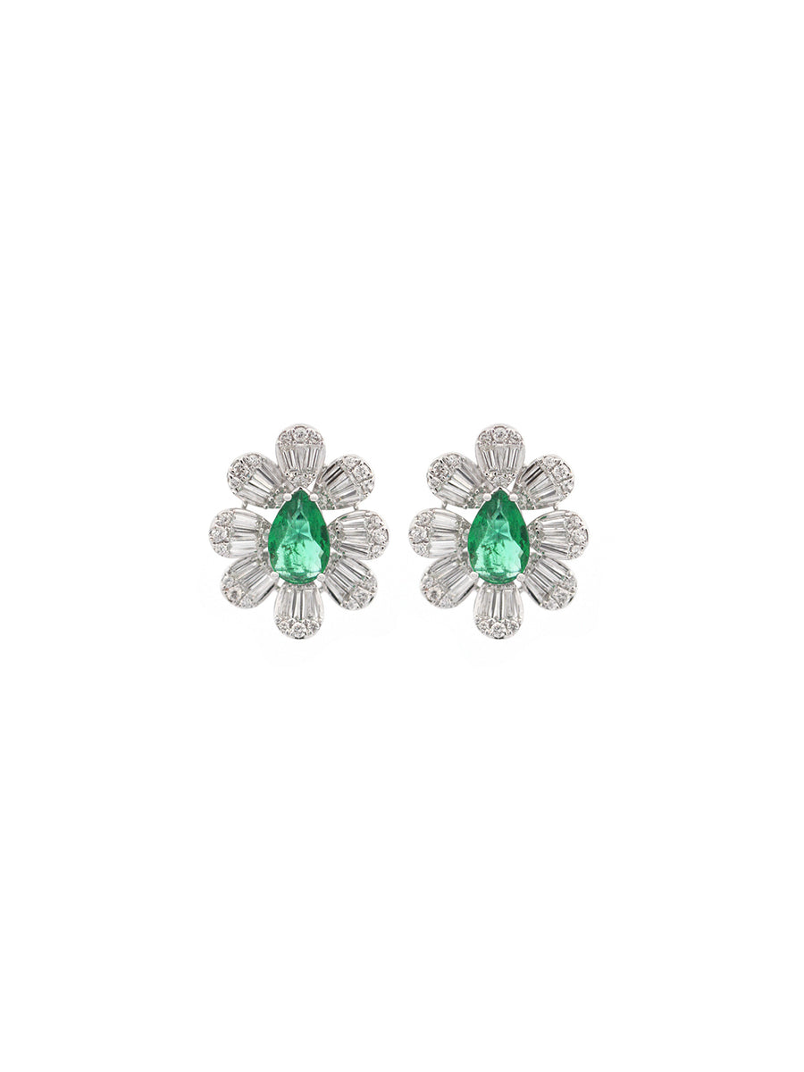 2.92ct Emerald Diamond 18K Gold Halo Stud Earrings