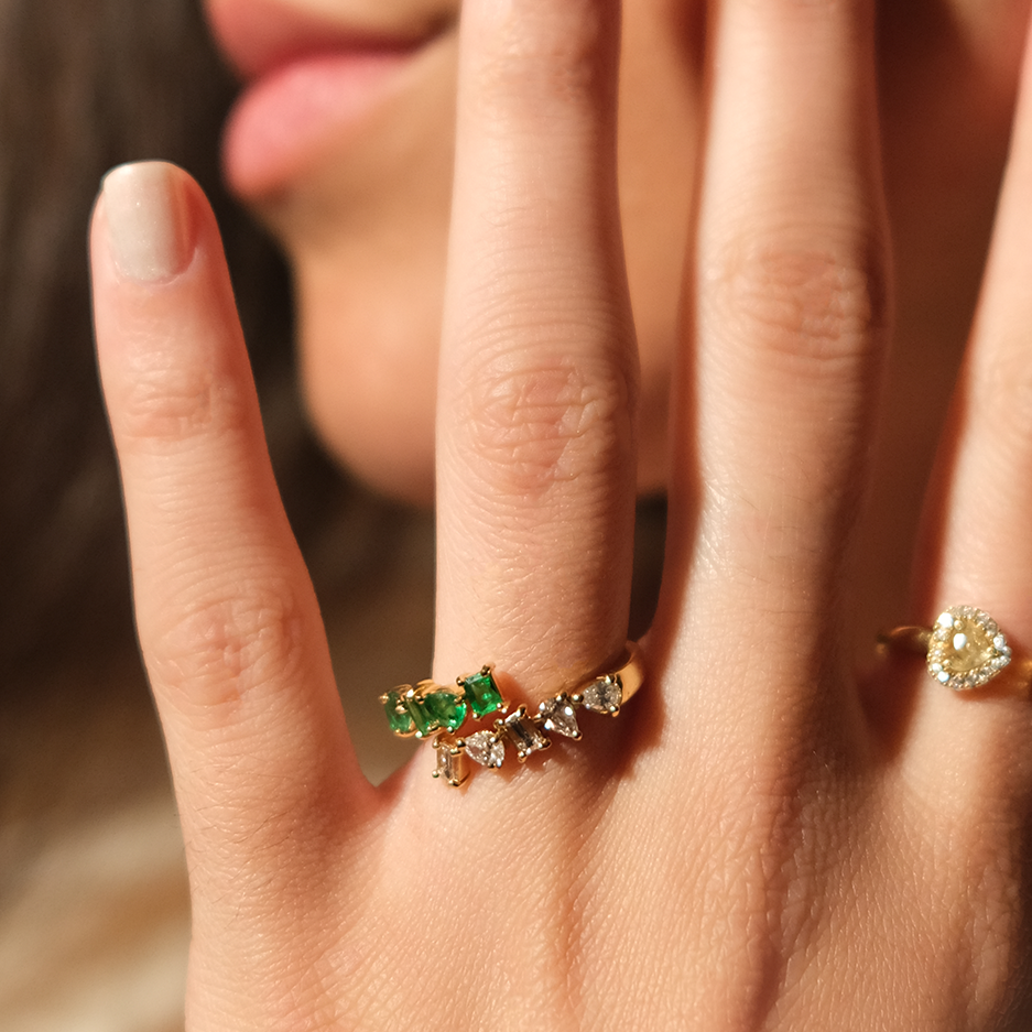 1.10ct Diamond Emerald 18K Gold Multi Shaped Bypass Ring
