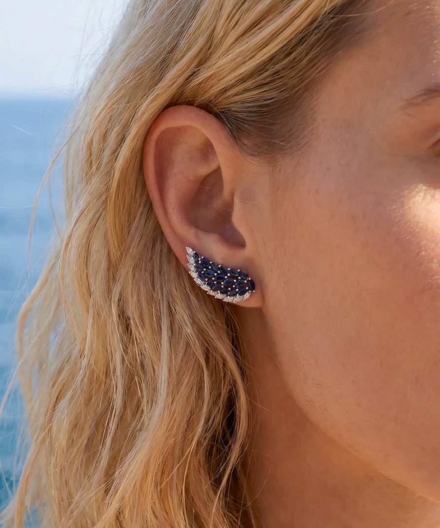 4.34ct Diamond Sapphire 14K Gold Wing Climber Earrings