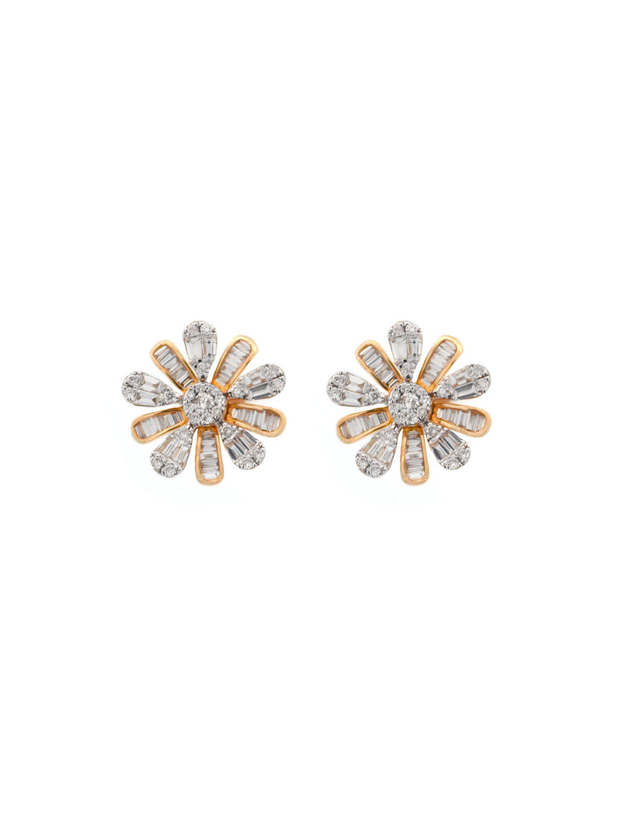1.06ct Diamond 18K Gold Baguette Flower Stud Earrings