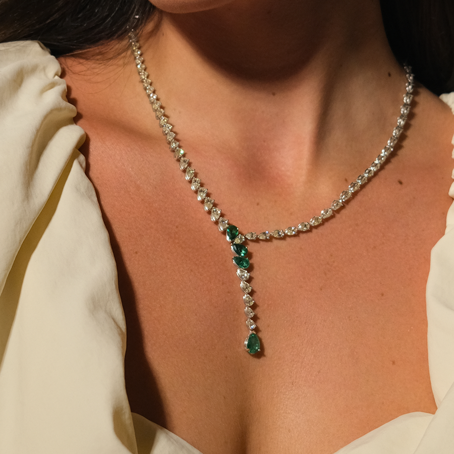 GIA 16.86cts Diamond Emerald 18K Gold Drop Tennis Necklace