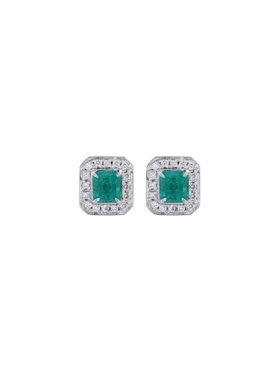 1.99ct Diamond Emerald Platinum Cluster Stud Earrings