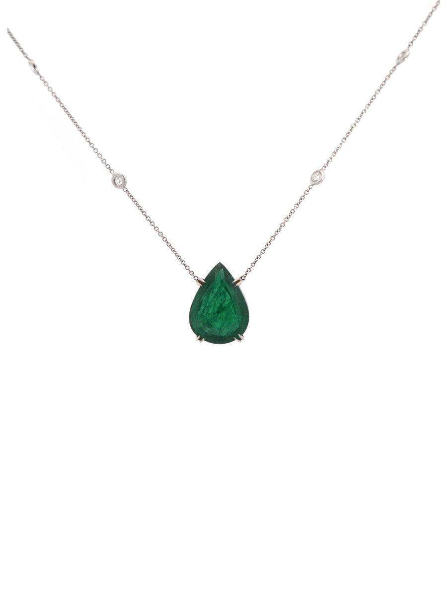 17.26ct Diamond Emerald 14K Gold Pear Cut Station Necklace