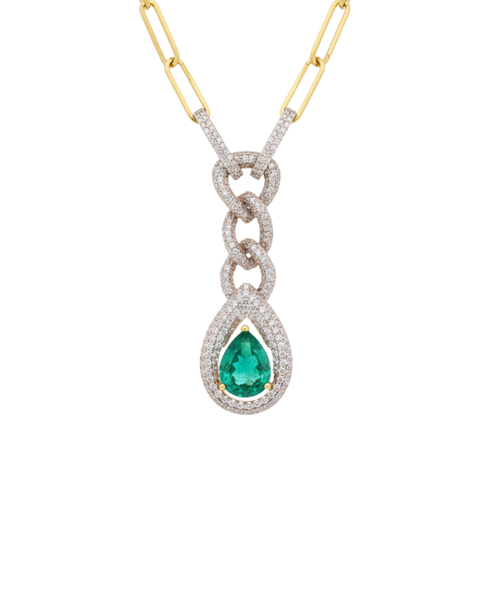 4.16ct Diamond Emerald 14K Gold Drop Chain Necklace