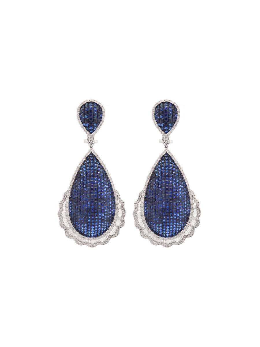 16.46ct Blue Sapphire Diamond 18K Gold Statement Dangle Earrings