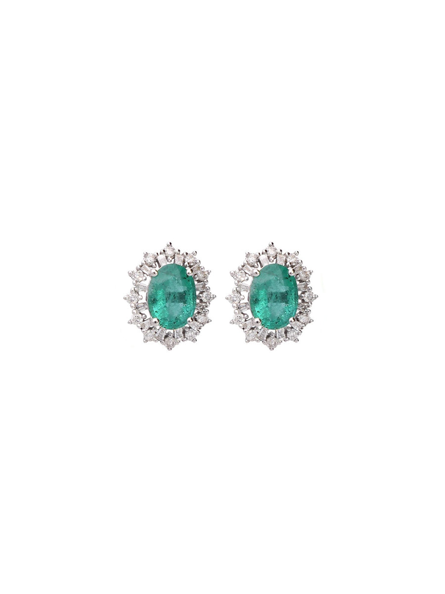 2.30ct Diamond Emerald 18K Gold Sunburst Halo Stud Earrings