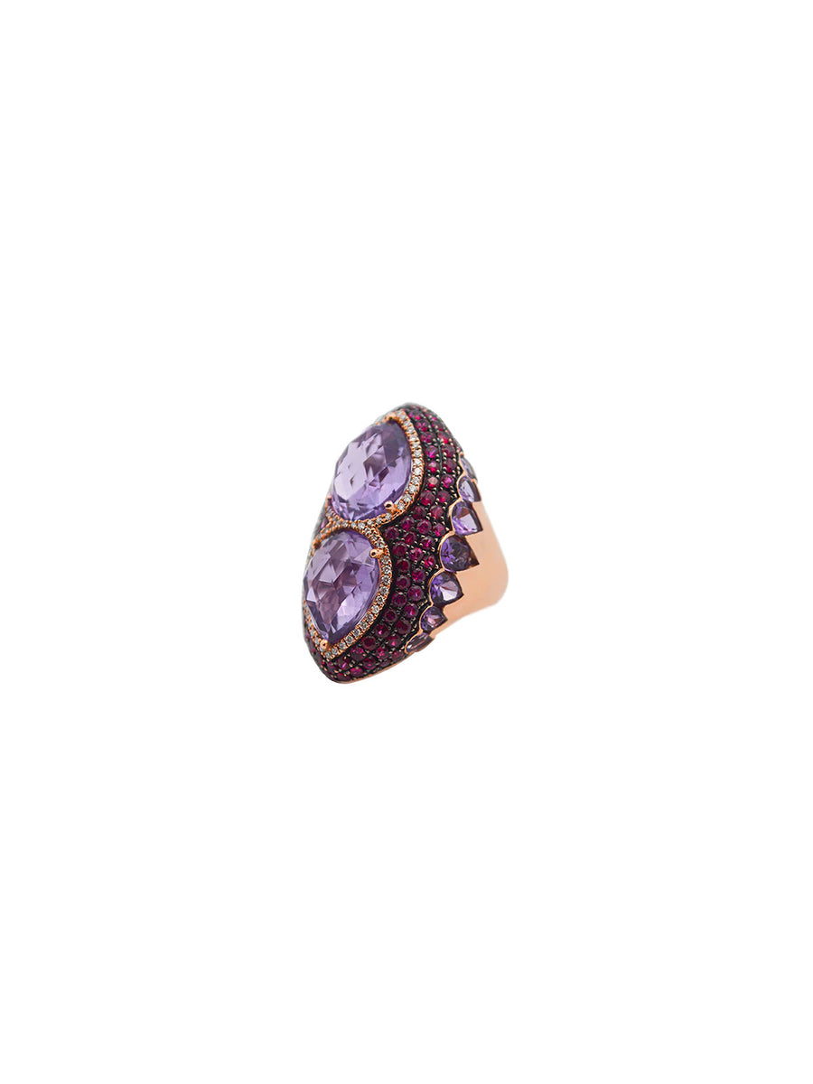 15.91cts Diamond Ruby Amethyst 18K Gold Pear Cocktail Ring