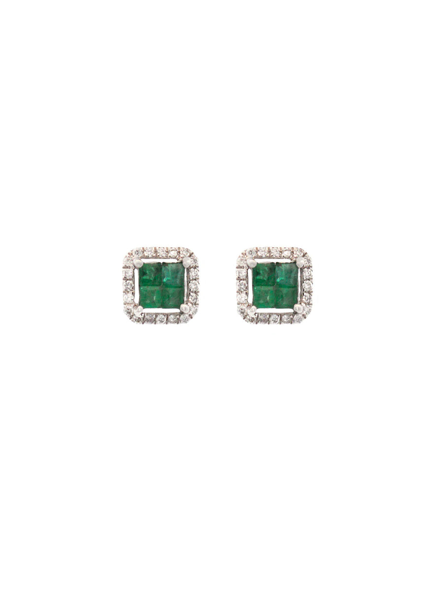 0.62ct Diamond Emerald 18K Gold Cluster Stud Earrings