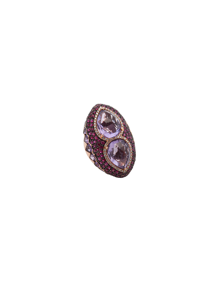 15.91cts Diamond Ruby Amethyst 18K Gold Pear Cocktail Ring