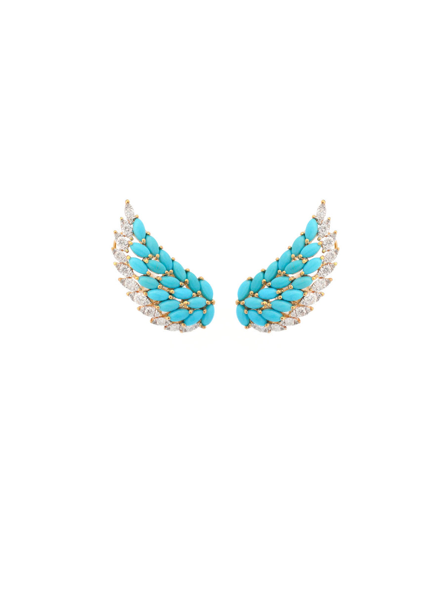 3.60ct Diamond Turquoise 18K Gold Wing Climber Earrings