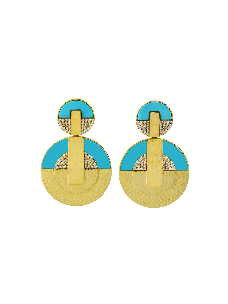 9.98cts Diamond Turquoise 18K Gold Hammered Double Disc Drop Earrings