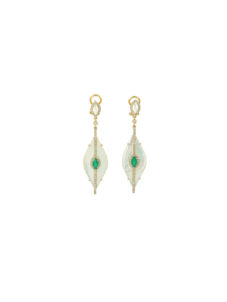 20.51cts Diamond Emerald Mother Of Pearl 18K Gold Dangle Drop Earrings