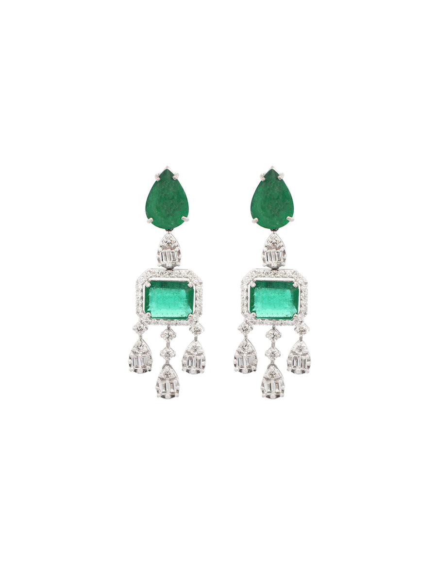 10.60ct Emerald Diamond 18K Gold Statement Drop Earrings