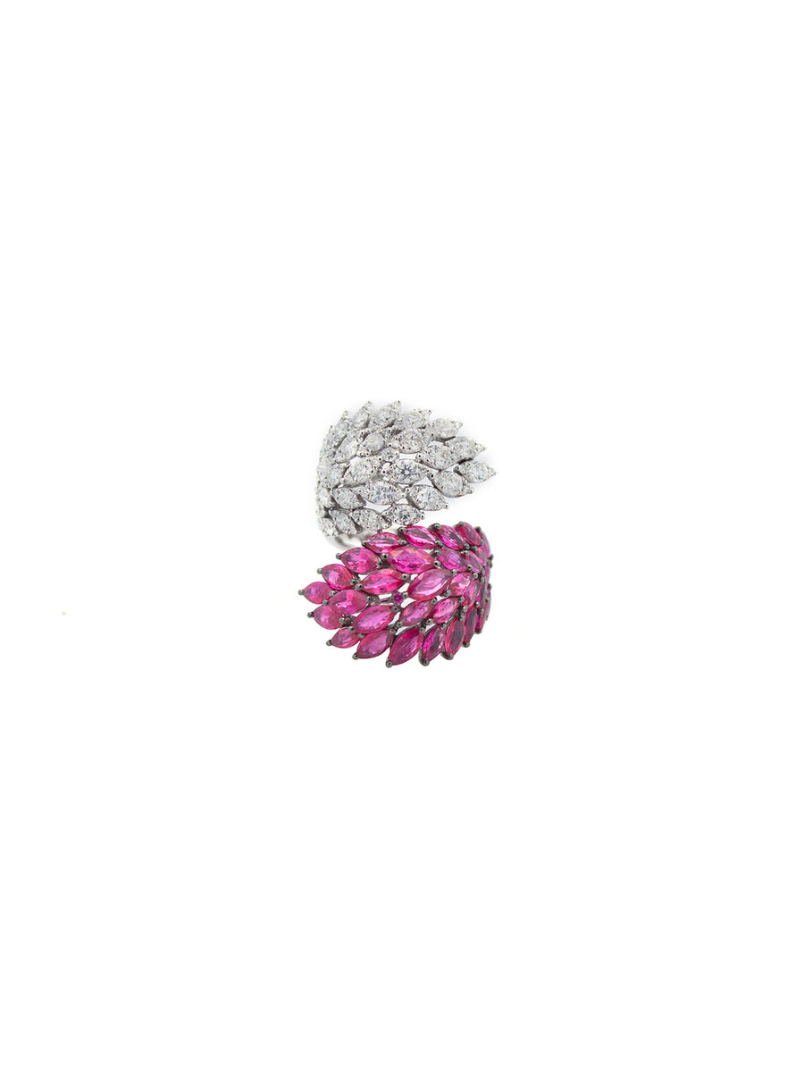 7.36ct Diamond Ruby 18K Gold Cluster Leaf Bypass Ring