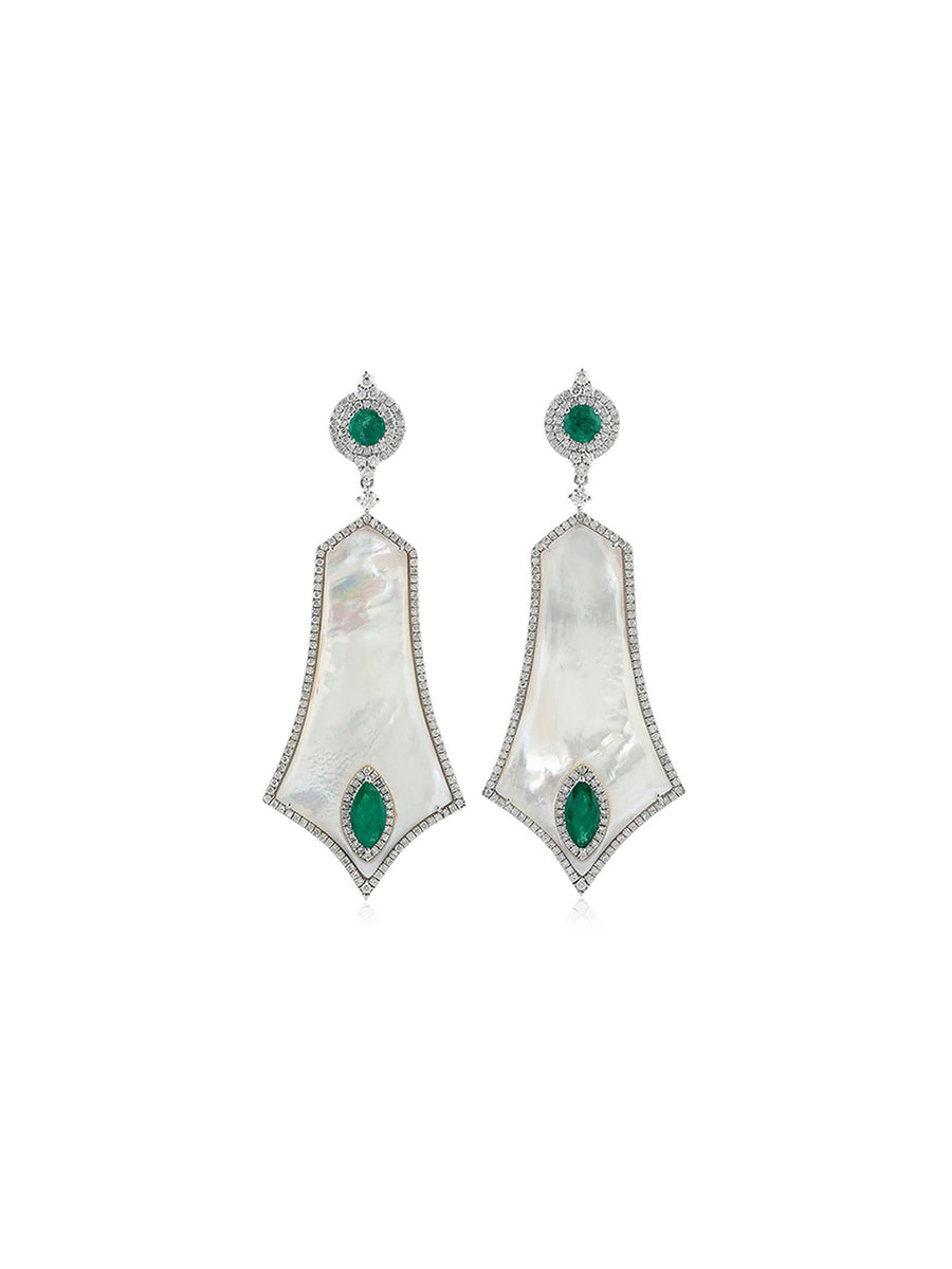 39.90cts Diamond Emerald Mother Of Pearl 18K Gold Dangle Drop Earrings