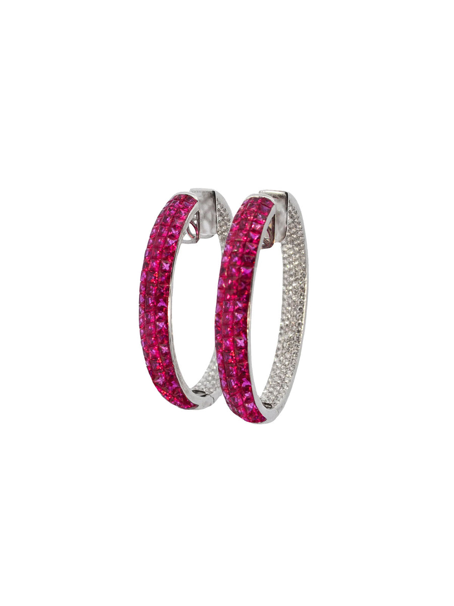 16.2cts Diamond Ruby 18K Gold Invisible Set Hoop Earrings