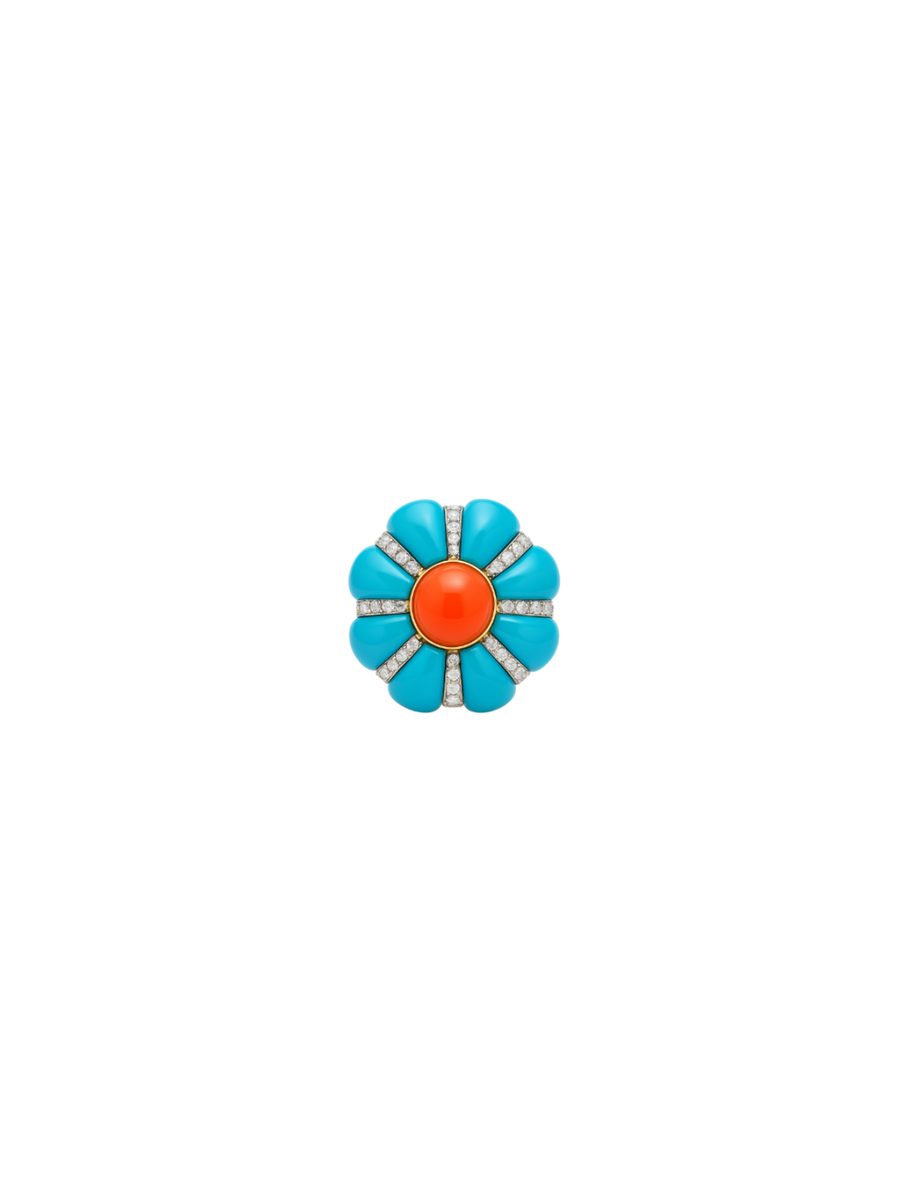 19.71ct Diamond Turquoise Coral 18K Gold Flower Ring