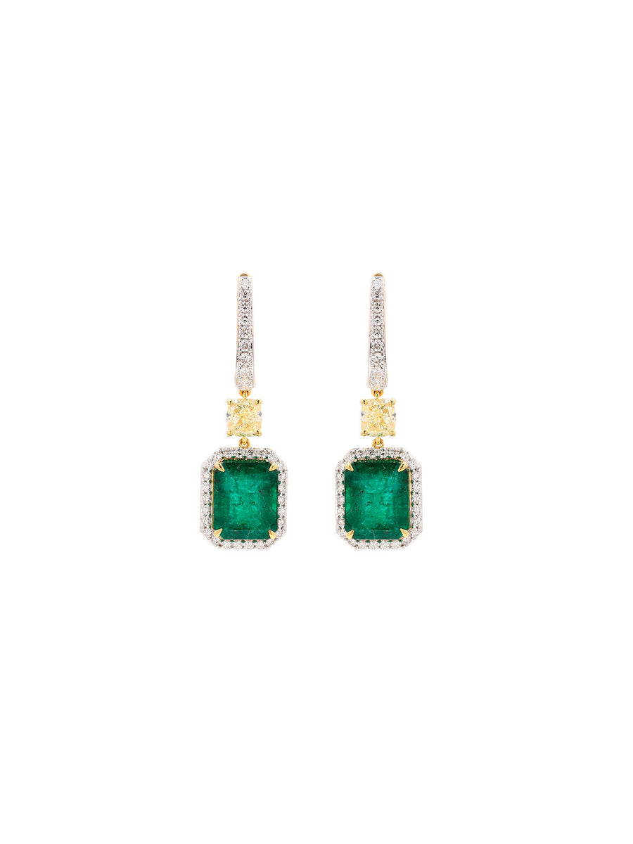 13.29cts Emerald Diamond 18K Gold Dangle Drop Earrings