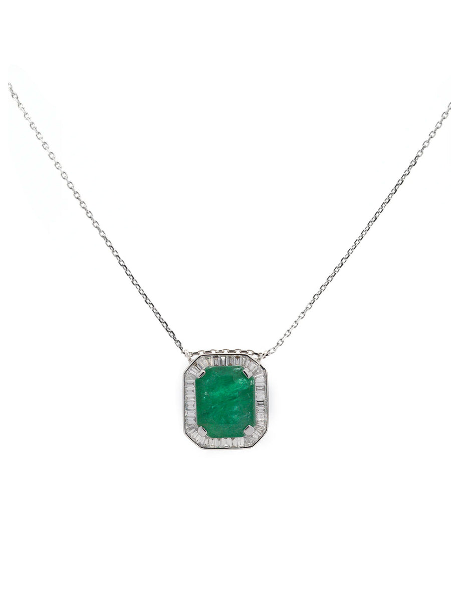 5.77cts Emerald Diamond 18K Gold Baguette Cut Halo Necklace