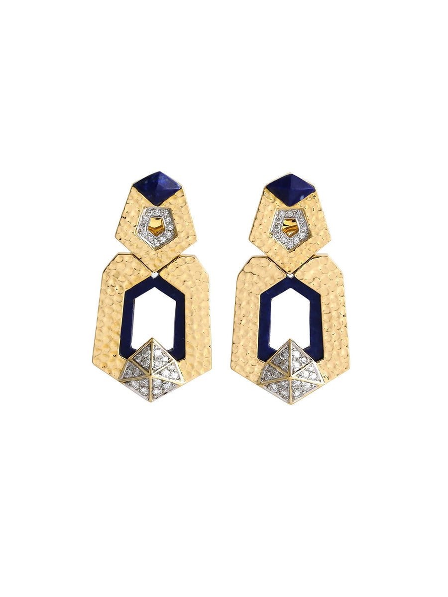 9.88cts Diamond Lapis Lazuli 18K Gold Hammered Drop Earrings