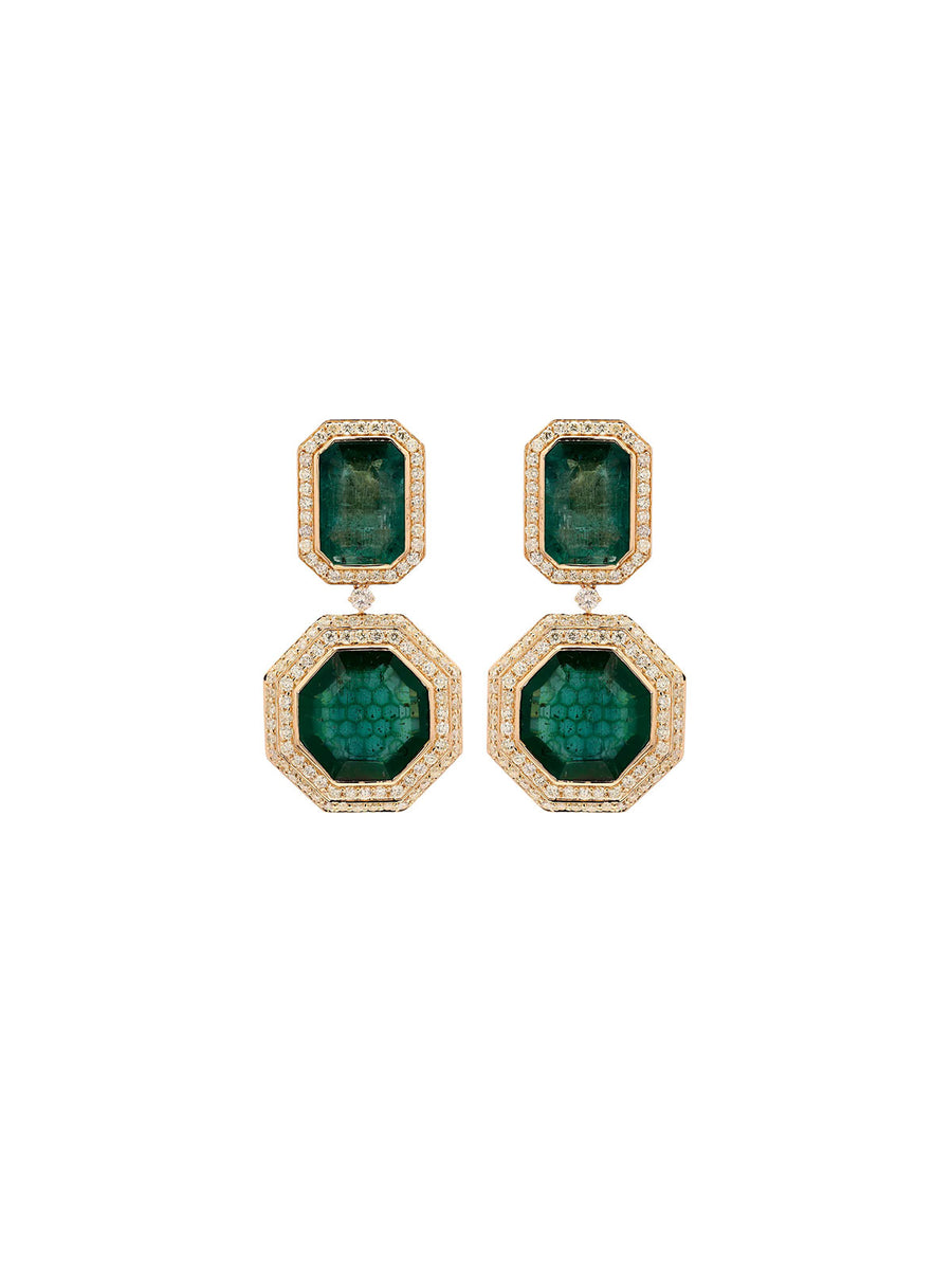 45.47cts Emerald Diamond 18K Gold Double Stone Drop Earrings