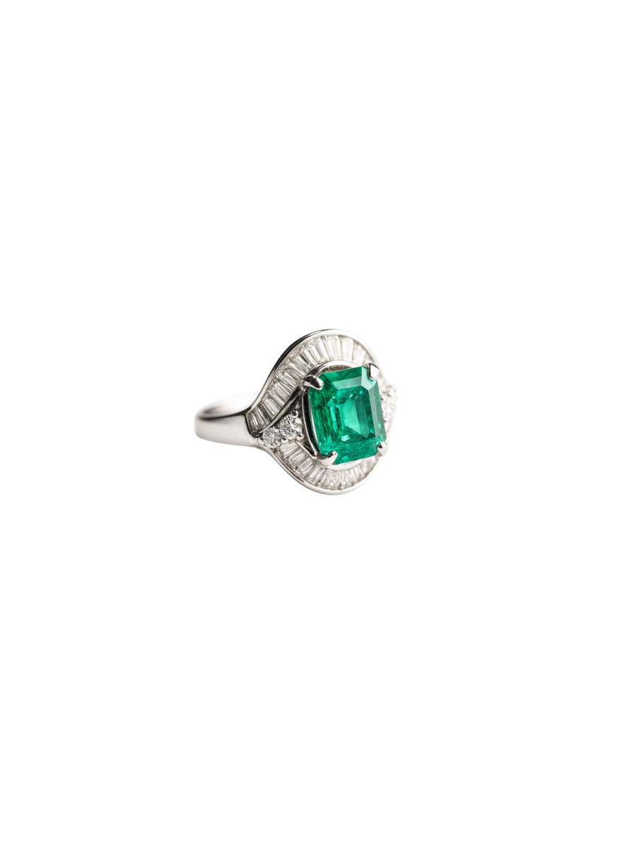 3.40ct Diamond Emerald Platinum Halo Cocktail Ring