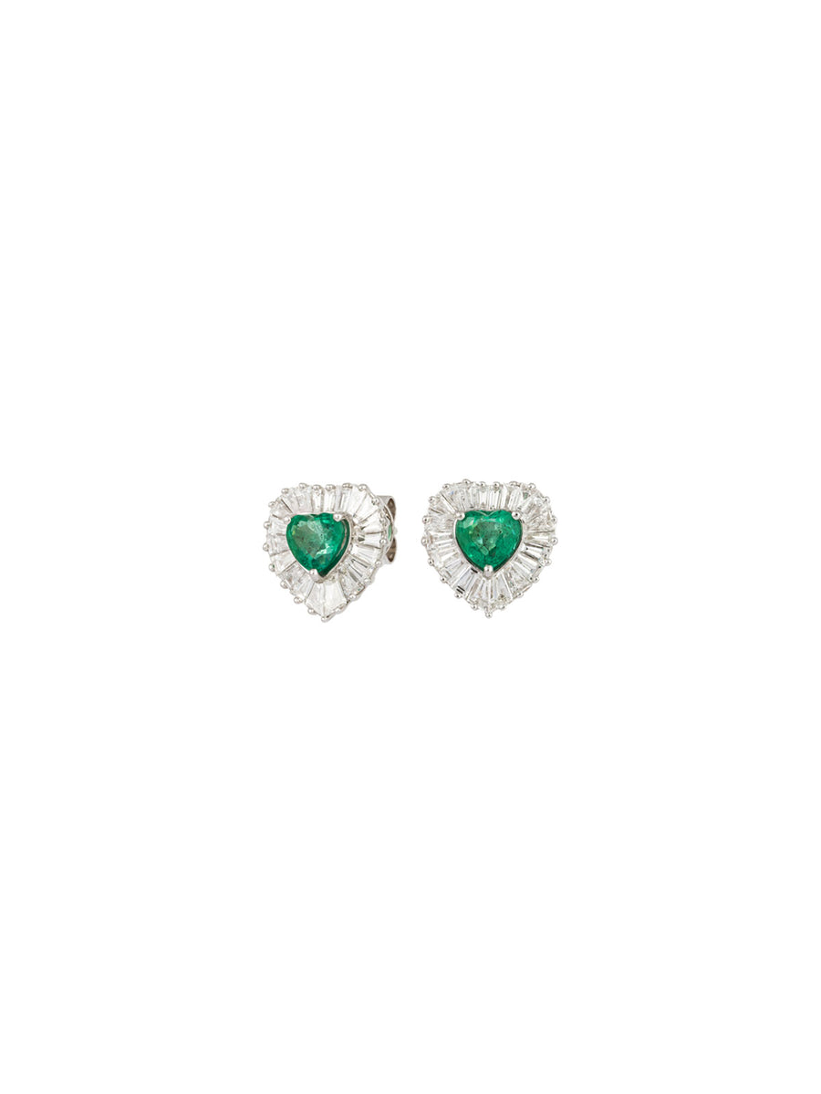 2.95ct Emerald Diamond 18K Gold Heart Halo Stud Earrings
